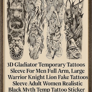 3D Gladiator Temporary Tattoos Sleeve For Men Full Arm, Large Warrior Knight Lion Fake Tattoos Sleeve Black Myth Body Art 4-Sheet