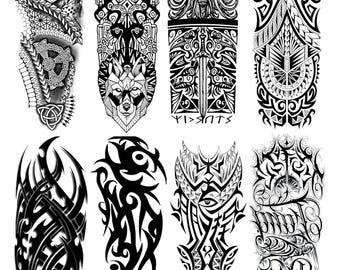 Fantasy Warrior Tribal Sleeve Tattoo Bundle – Set of 8 Full Arm Temporary Tattoos | Waterproof Black Ink | Festival & Cosplay and DIY Ready