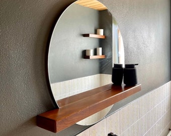 Spiegel mit Holzregal, Regalspiegel, Holzregal und Spiegel