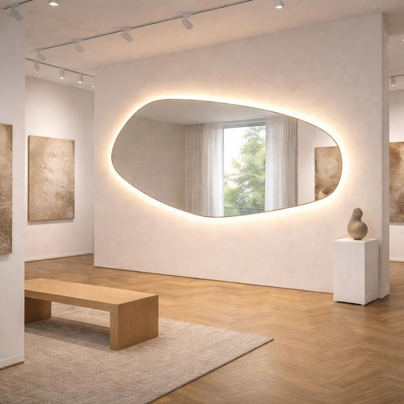 Asymmetrical LED Wall Mirror, Irregular Organic Bathroom Mirror, Backlit Modern Statement Mirror for Living Room Bedroom