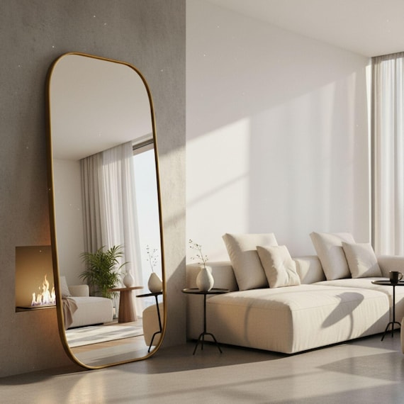 Urban Curve Mirror Full Length Rounded Rectangle Mirror Modern Loft Design  Custom Size Color Wall or Floor Leaning