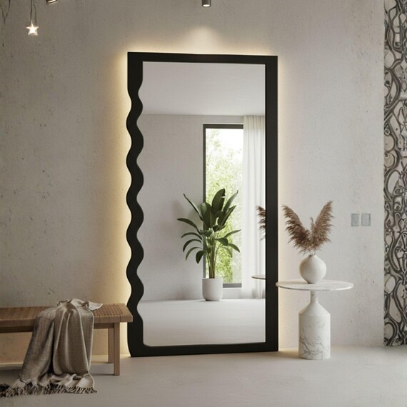 Gocek Mirror – Wavy Black Framed Modern LED Full Length Mirror Wooden Frame Custom Sizes