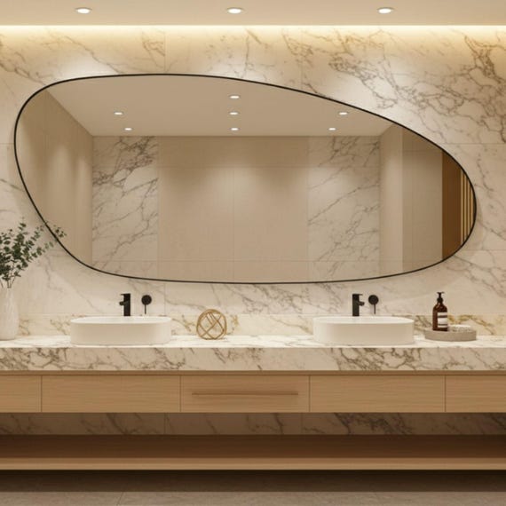 Ocean Wave Mirror: Handmade Wooden Frame, Modern Oval Wall Decor