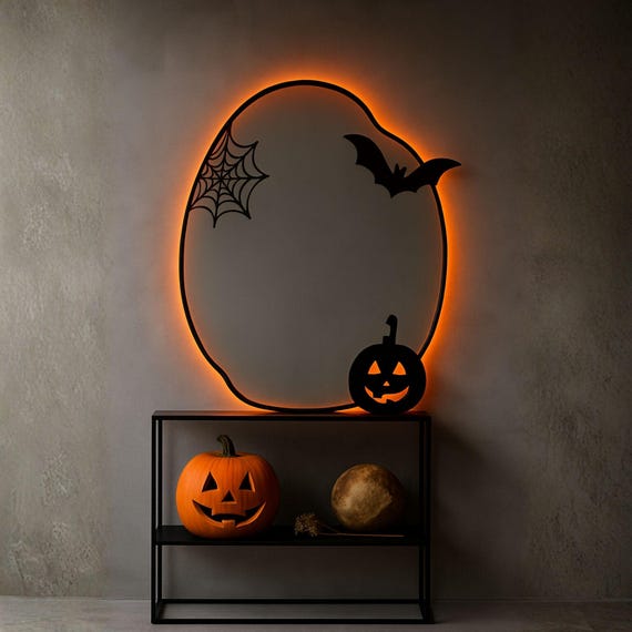 Halloween Mirror Spooky LED Wall Mirror with Bat, Spiderweb Pumpkin Halloween Home Decor Unique Halloween Gift