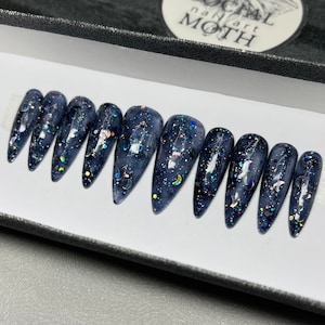 Chunky Glitter Press On Nails. Reusable Dark Sparkly Fake Nails.