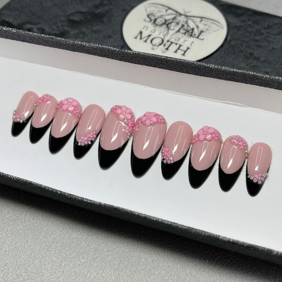 Pink Flowers Press On Reusable Black Tip Fake