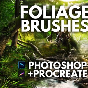 May include: A set of digital foliage brushes for Photoshop and Procreate. The brushes are designed to create realistic-looking foliage, such as grass, leaves, and branches. The image shows a variety of brush strokes, including a long, thin grass brush, a short, bushy grass brush, and a large, leafy brush.