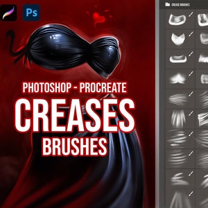 May include: A set of Photoshop and Procreate brushes for creating creases and folds in digital art. The brushes are displayed in a grid on a gray background. The text "CREASES BRUSHES" is displayed in white on a red background.