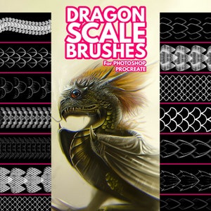 May include: A set of 10 digital dragon scale brushes for Photoshop and Procreate. The brushes are shown as a series of black and white scale patterns.