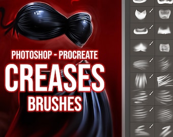 May include: A set of Photoshop and Procreate brushes for creating creases and folds in digital art. The brushes are displayed in a grid with a variety of shapes and sizes. The text "Photoshop - Procreate Creases Brushes" is displayed in white letters on a red background.