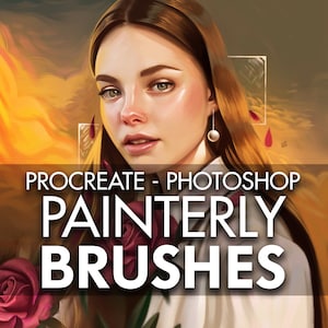 May include: Digital art portrait of a woman with long brown hair, wearing a white shirt. The image includes the text "PROCREATE - PHOTOSHOP PAINTERLY BRUSHES" in white, with a rose in the lower left corner and a pearl earring.