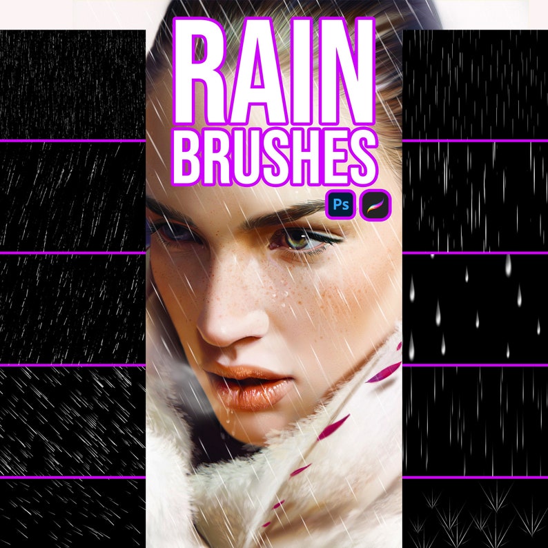 May include: A set of Photoshop brushes for creating rain effects. The brushes are shown on a black background with different rain patterns, including straight lines, diagonal lines, and drops.