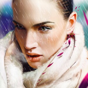 May include: A woman with wet hair and freckles wears a white fur coat with pink petals falling around her. The background is blurred and has a blue and purple hue.