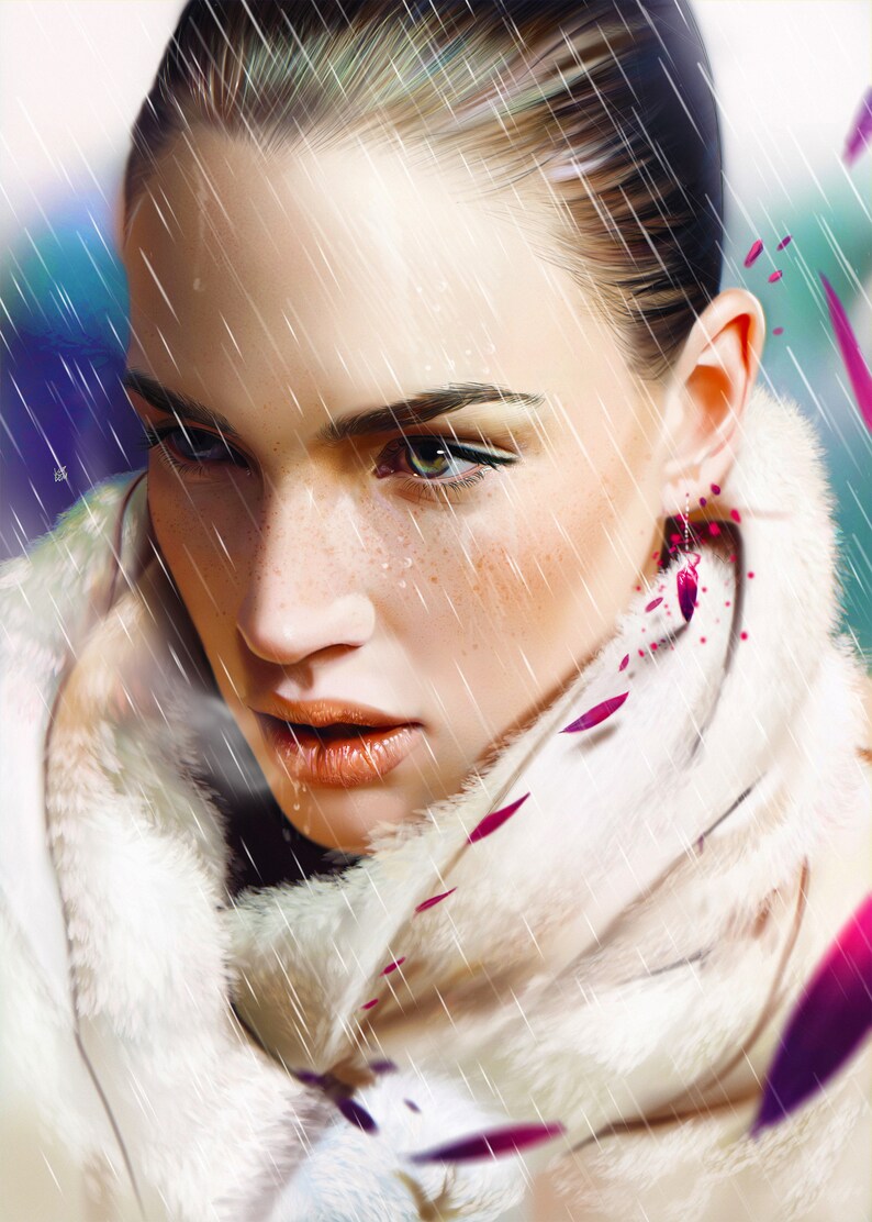 May include: A woman with wet hair and freckles wears a white fur coat with pink petals falling around her. The background is blurred and has a blue and purple hue.