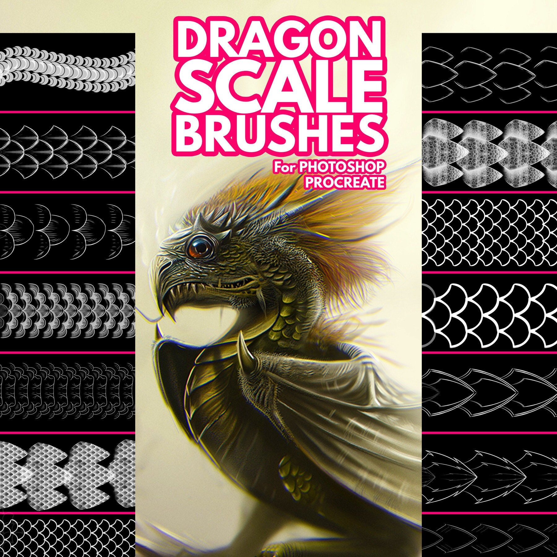 Pinceles de escamas de dragón para Photoshop y Procreate – 14 texturas de alta resolución + 10 ilustraciones extra