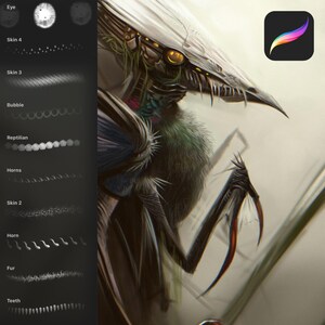 Puede incluir: Ilustración de arte digital de una criatura con garras afiladas y una cabeza detallada. La imagen incluye un icono de la aplicación Procreate y un panel de selección de pinceles con etiquetas como "Eye", "Skin 4" y "Fur".