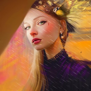 May include: A woman with long blonde hair and green eyes looks off to the side. She is wearing a purple dress with a black lace collar. A small yellow bird with blue wings sits on her head. The background is a blurred orange and yellow sunset with rain falling.