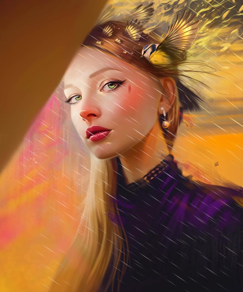 May include: A woman with long blonde hair and green eyes looks off to the side. She is wearing a purple dress with a black lace collar. A small yellow bird with blue wings sits on her head. The background is a blurred orange and yellow sunset with rain falling.