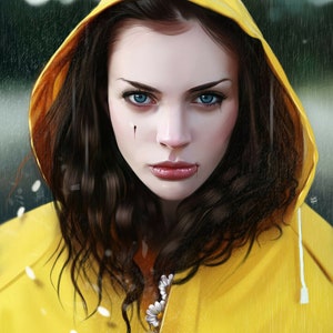 May include: A woman with dark hair and blue eyes wears a yellow raincoat with white flowers. She has a small cut on her cheek.