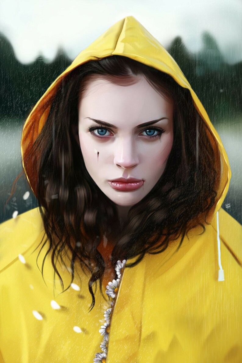 May include: A woman with dark hair and blue eyes wears a yellow raincoat with white flowers. She has a small cut on her cheek.