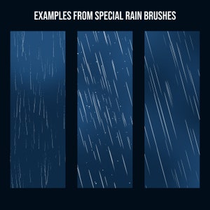 May include: Three examples of different rain brush patterns. The first pattern is a dense, fine rain. The second pattern is a medium-density rain with a few white dots. The third pattern is a sparse, thick rain.