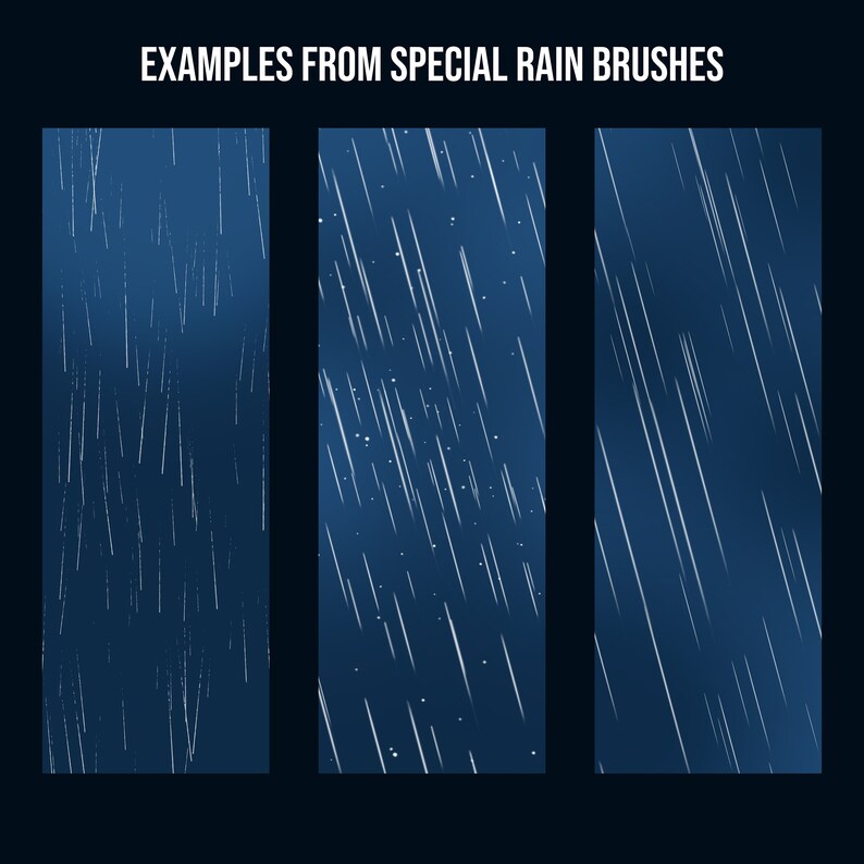 May include: Three examples of different rain brush patterns. The first pattern is a dense, fine rain. The second pattern is a medium-density rain with a few white dots. The third pattern is a sparse, thick rain.