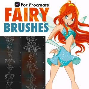 Könnte beinhalten: Digitale Kunstpinsel für Procreate mit Feen-Thema. Das Bild zeigt den Text "For Procreate FAIRY BRUSHES" in Orange und Blau. Rechts ist eine Cartoon-Fee mit roten Haaren und einem blauen Outfit zu sehen. Auf der linken Seite befinden sich Umrisse von Feenillustrationen.