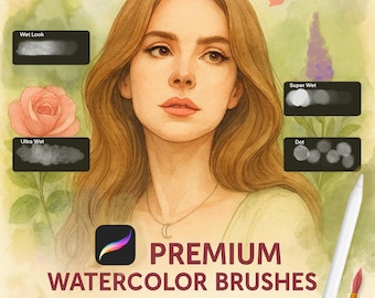 May include: Digital watercolor brushes for Procreate, featuring a portrait of a woman with long brown hair. The image showcases brush stroke examples labeled "Wet Look," "Ultra Wet," "Super Wet," and "Dot." The text reads "PREMIUM WATERCOLOR BRUSHES."