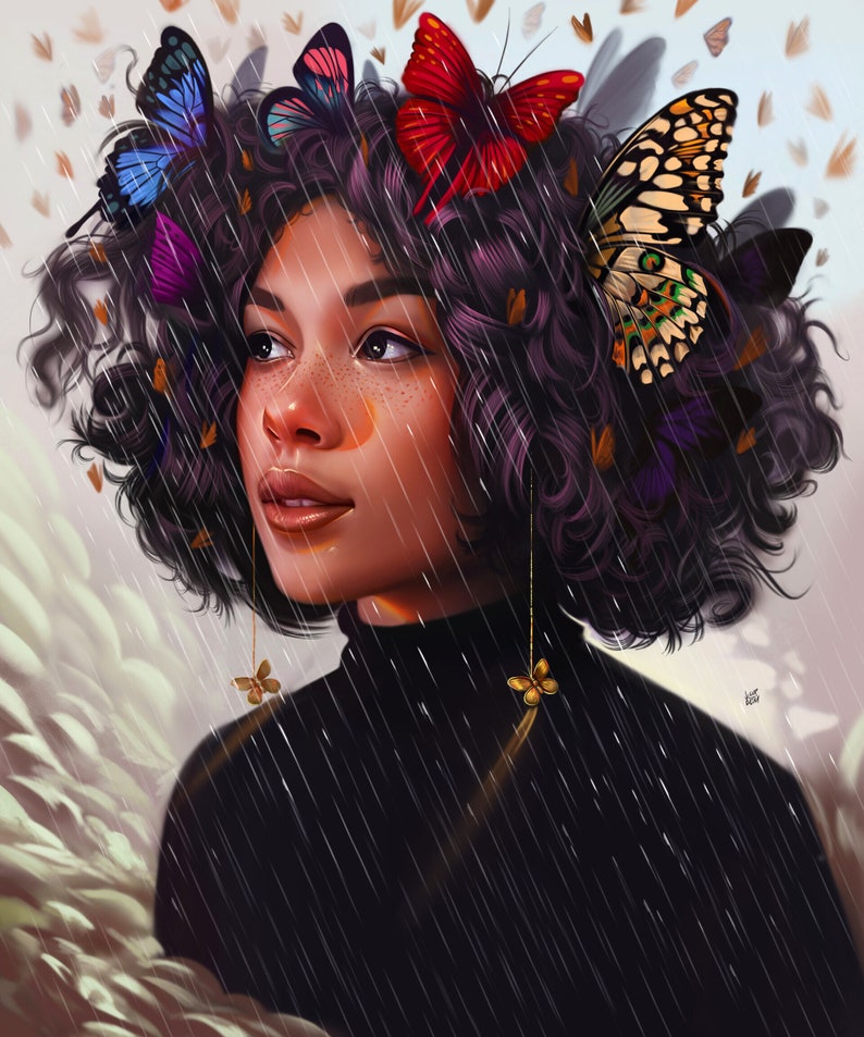 May include: A woman with curly purple hair is wearing a black turtleneck sweater and gold butterfly earrings. She has freckles and is looking up. There are many colorful butterflies in her hair and falling around her.