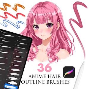 Pincéis de cabelo de anime para Procreate. Pincéis de contorno de anime para Procreate. Carimbos de pincéis de cabelo de mangá para Procreate. Carimbos de pincéis para penteados chibi para Procreate.