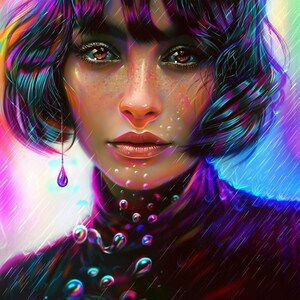 May include: A woman with short, dark blue hair and bright eyes looks directly at the viewer. She is wearing a dark turtleneck sweater and has a single teardrop earring. The background is a blur of colorful lights and raindrops.