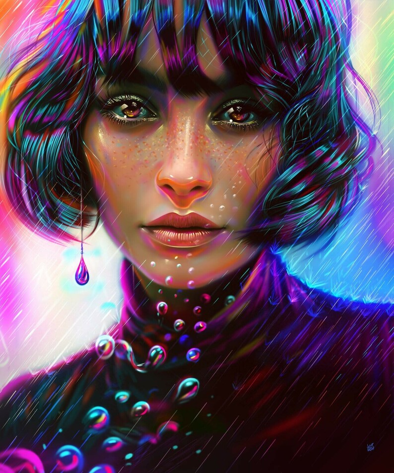 May include: A woman with short, dark blue hair and bright eyes looks directly at the viewer. She is wearing a dark turtleneck sweater and has a single teardrop earring. The background is a blur of colorful lights and raindrops.