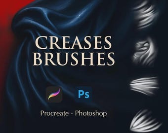 May include: Digital art graphic with the words "CREASES BRUSHES" in a serif font. The image features a dark blue fabric with highlights and examples of brush strokes. The Procreate and Photoshop logos are also included.