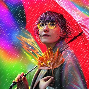 May include: A woman wearing yellow-rimmed glasses and a black jacket holds a red umbrella and a brown leaf in the rain. A rainbow is visible in the background.