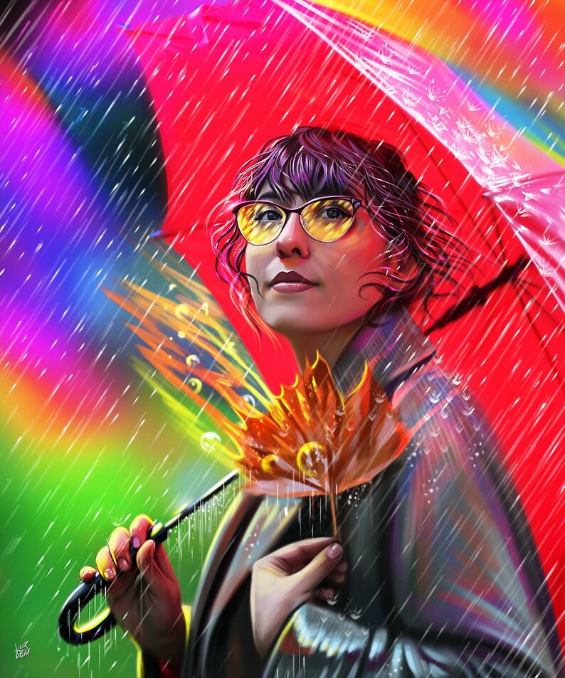 May include: A woman wearing yellow-rimmed glasses and a black jacket holds a red umbrella and a brown leaf in the rain. A rainbow is visible in the background.