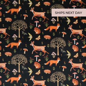 Woodland Animals on Black Soft and Minky Fleece / 58 Inches Wide / 100% Polyester / Fall Fabric / Winter Fabric