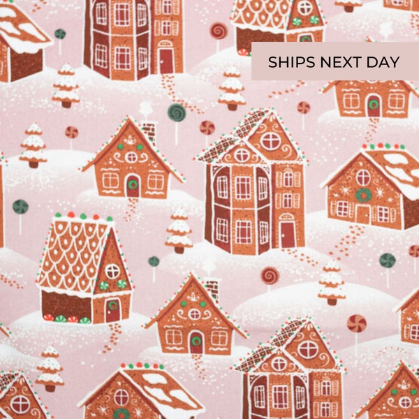 Pink Gingerbread Town Raised Texture Cotton Fabric / 100% Cotton / Christmas Fabric / Holiday Fabric / Raised Texture Fabric