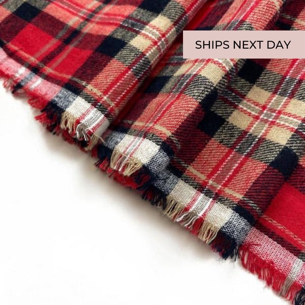 Red & Beige Woven Plaid Flannel Fabric / 100% Cotton / Multicolor Plaid