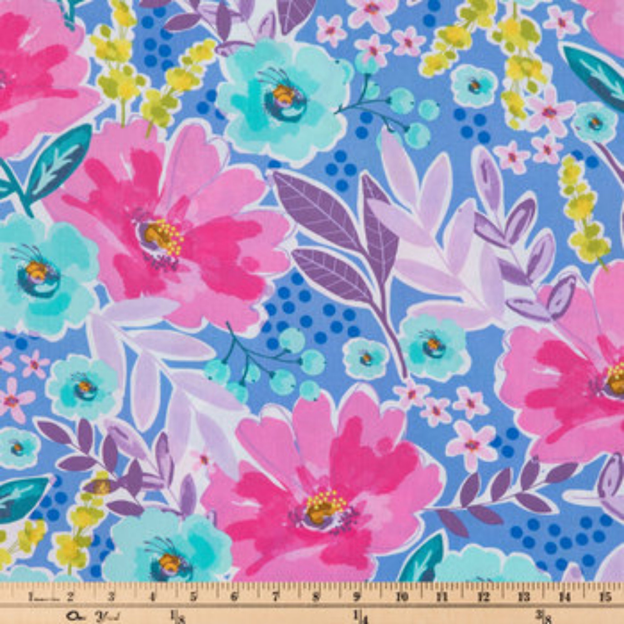 Blue & Pink Floral Cotton Fabric / Quilt Fabric by the Half Etsy