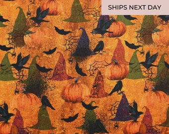 Witch Hats & Pumpkins Halloween Cotton Fabric / 100% Cotton / Halloween Fabric / Fall Fabric / Autumn Fabric