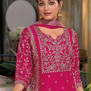 Pink Readymade Suit Indian Organza Kurta Dupatta Heavy Salwar Kameez Pakistani Eid Designer Plus size Suit Silk 3 Piece Kurti Set