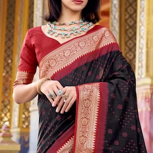 Black Saree with Patola Print  Black,red  Sari Indian Bollywood Designer Soft Silk Saree With Stitched Blouse, Wedding, Partywear Saree