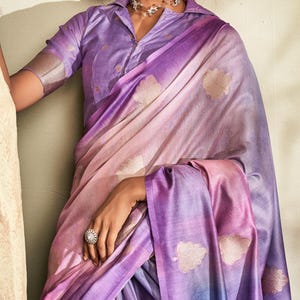 Saree viola in seta Khadi, sari per donne, sari in cotone con la stessa camicetta abbinata e sari casual, da festa e da festa