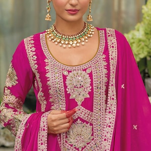Pink Readymade Suit Indian Ethnic Plazzo Kurta Dupatta Heavy Salwar Kameez Pakistani Eid Designer Plus size Suit Silk  3 Piece Kurti Set