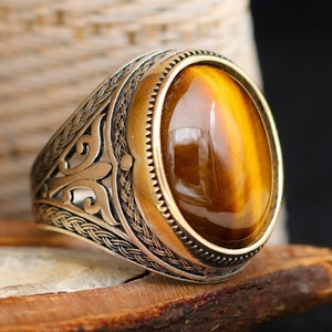 Tijgeroog ovale steen massief 925 sterlingzilver herenring handgemaakte Turkse edelsteen cadeau voor hem over mannen cadeau-idee