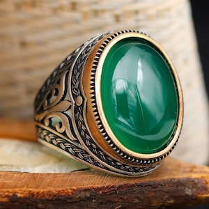 Green Agate Stone Solid 925 Sterling Silver Men&#39;s Ring Handmade Turkish Gem Stone Gift For Him About Men Gift Ideas