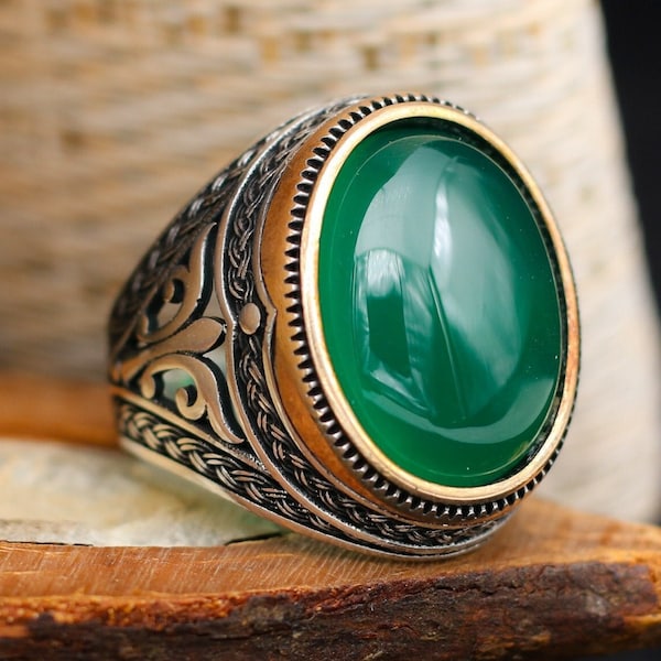 Green Agate Stone Solid 925 Sterling Silver Men’s Ring Fait à la main Turc Gem Stone Cadeau pour lui à propos des idées de cadeaux pour hommes