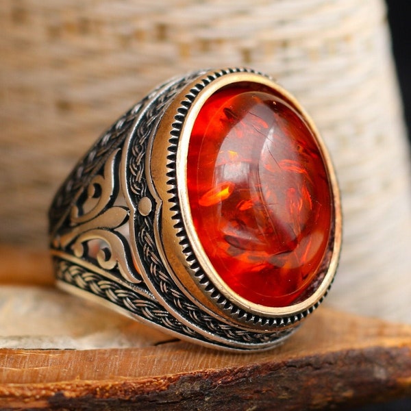 Honey Amber Baltic Oval Stone Solid 925 Sterling Silver Men's Ring Handmade Turkish Gem Stone Gift For Him About Men Gift Idea