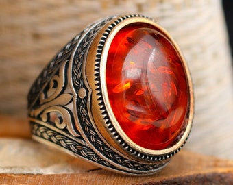 Honey Amber Baltic Oval Stone Solid 925 Sterling Silver Men's Ring Handmade Turkish Gem Stone Gift For Him About Men Gift Idea