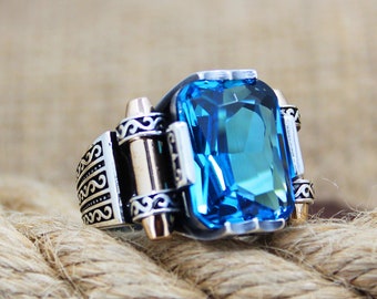 Blue Topaz Ring, Solid 925 Sterling Silver Men's Ring